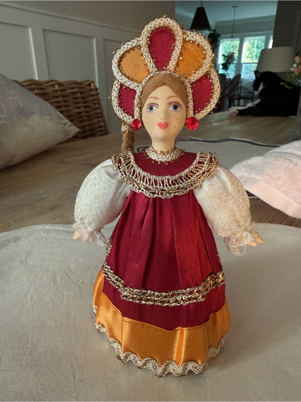 Russian Handcrafted Folk Doll in Red and Gold Dress